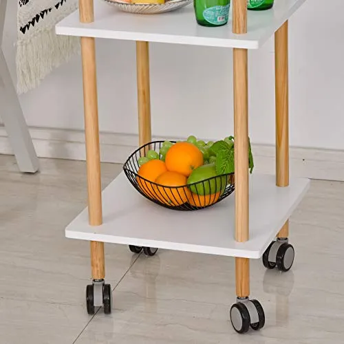 Chariot de service desserte de cuisine à roulettes design scandinave 2 étagères bois de pin MDF blanc