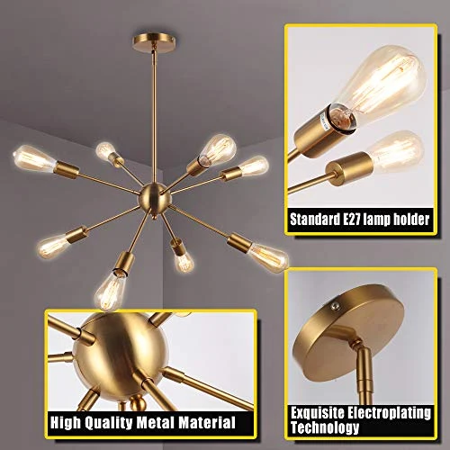 ENCOFT Sputnik Lustre Moderne 8 Lumières E27 Base, Suspension Satellite Luminaire en Métal Lampe pour Chambre Cuisine Restaurant, Or Sans Ampoules