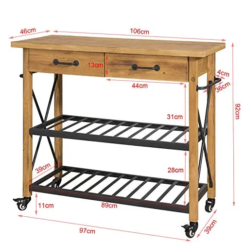 SoBuy® FKW57-N Table Console Chariot de Service Desserte à roulettes Commode Roulant pour Cuisine et Salon 2 tiroirs et 2 étagère