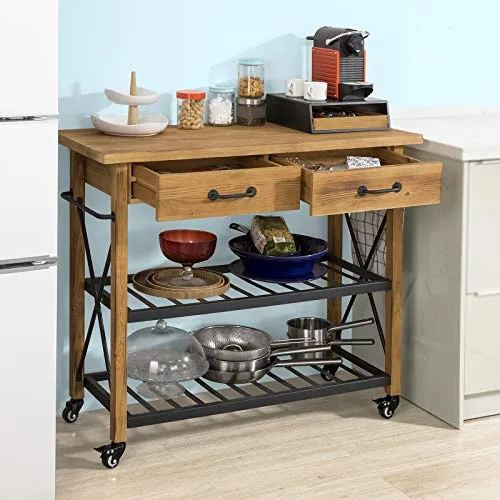 SoBuy® FKW57-N Table Console Chariot de Service Desserte à roulettes Commode Roulant pour Cuisine et Salon 2 tiroirs et 2 étagère