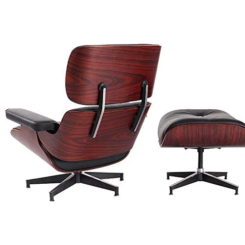 Fauteuil Lounge et Ottoman en Cuir Haut de Gamme, avec Cuir de Haute qualité, Fauteuil en Cuir, avec Ottoman, (Blanc, Noir), en Bois de Rose, Noyer ou frêne (Noir, Palissandre)
