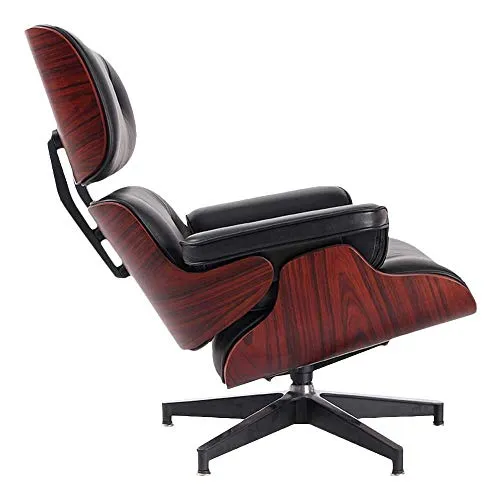 Fauteuil Lounge et Ottoman en Cuir Haut de Gamme, avec Cuir de Haute qualité, Fauteuil en Cuir, avec Ottoman, (Blanc, Noir), en Bois de Rose, Noyer ou frêne (Noir, Palissandre)