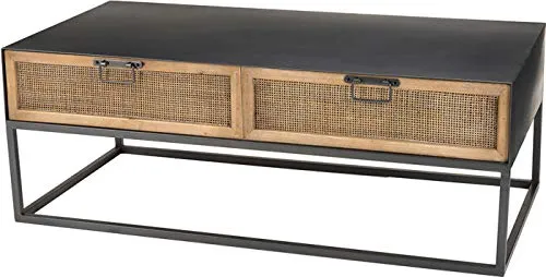 Destock Meubles Table Basse Noir 2 tiroirs cannage rotin Pieds métal