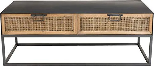 Destock Meubles Table Basse Noir 2 tiroirs cannage rotin Pieds métal
