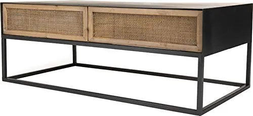 Destock Meubles Table Basse Noir 2 tiroirs cannage rotin Pieds métal
