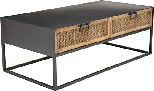 Destock Meubles Table Basse Noir 2 tiroirs cannage rotin Pieds métal