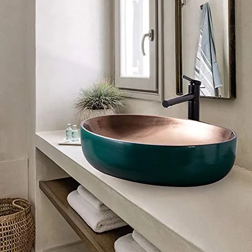 HEIFEN Art Lavabo Céramique Conteneur Récepteur Évier Rectangulaire Évier Rétro en Métal Vitré Au-Dessus du Comptoir en Bronze Robinet De Drainage Taille Taille 55 * 40 * 14cm