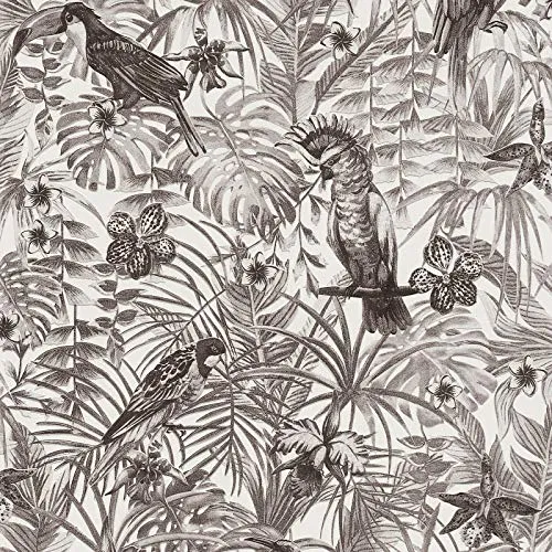 Papier peint perroquet noir & blanc 372105 | Papier peint noir et blanc 37210-5 | Papier peint jungle intissé vinyle | Papier peint salon & chambre