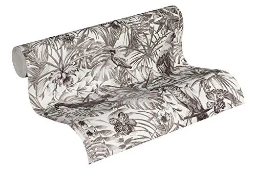 Papier peint perroquet noir & blanc 372105 | Papier peint noir et blanc 37210-5 | Papier peint jungle intissé vinyle | Papier peint salon & chambre
