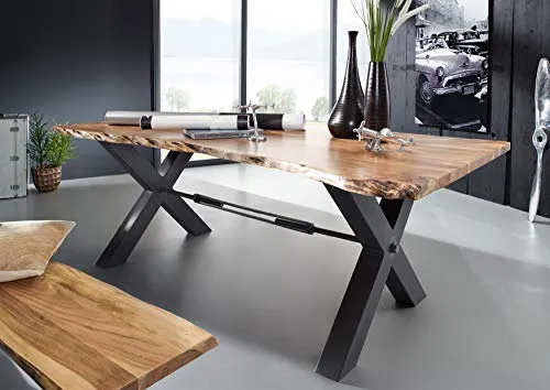 Table à manger 240x100cm - Bois massif d'acacia laqué (Bois naturel/Anthracite) - IRON LABEL #128
