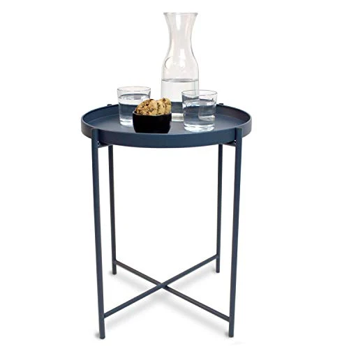 Day – USEFUL EVERYDAY Table d'appoint, table de salon, support pour fleurs, table en métal revêtu par pulvérisation, design scandinave, bleu nuit, Ø38 H50 cm, utilisation polyvalente