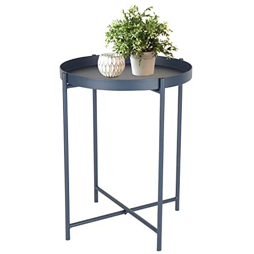 Day – USEFUL EVERYDAY Table d'appoint, table de salon, support pour fleurs, table en métal revêtu par pulvérisation, design scandinave, bleu nuit, Ø38 H50 cm, utilisation polyvalente