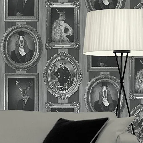 Muriva - Papier Peint Rayures Vintage Chiens Dans Cadres Cerfs Rennes Noir/Blanc/Gris J59309