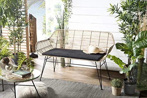Canapé 2 Places Rotin Naturel Long Island Coussin Noir Pieds Métal