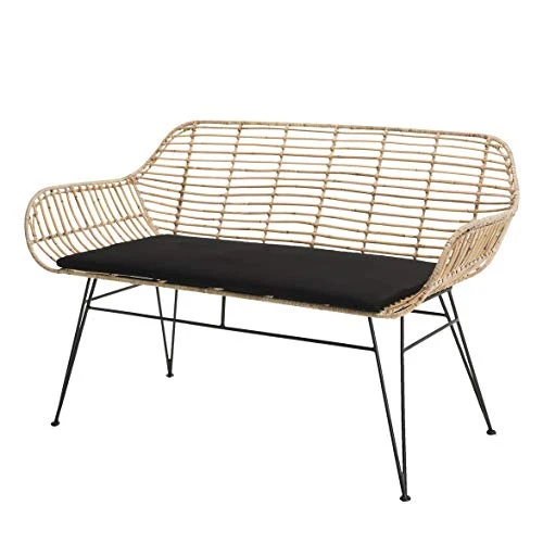 Canapé 2 Places Rotin Naturel Long Island Coussin Noir Pieds Métal