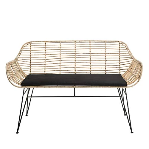 Canapé 2 Places Rotin Naturel Long Island Coussin Noir Pieds Métal