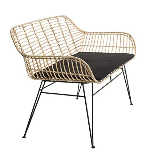 Canapé 2 Places Rotin Naturel Long Island Coussin Noir Pieds Métal