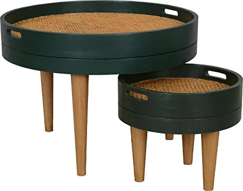Deco and co - Tables Basses Vert Bouteille et Cannage Naturel, Set de 2