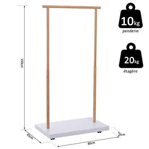 Homcom Portant vêtements sur roulettes Design Cosy Chic dim. 80L x 45l x 150H cm MDF Blanc Bambou