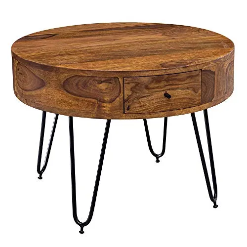 FineBuy Table Basse Sheesham en Bois Massif/Metal 60 x 44,5 x 60 cm | Table d'appoint de Style Moderne | Table de Salon avec Deux tiroirs