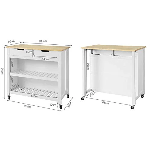 SoBuy FKW74-WN îlot de Cuisine Buffet Séparateur de Cuisine Desserte de Cuisine à roulettes Meuble de Rangement pour Cuisine et Salon avec 2 tiroirs et 2 étagères