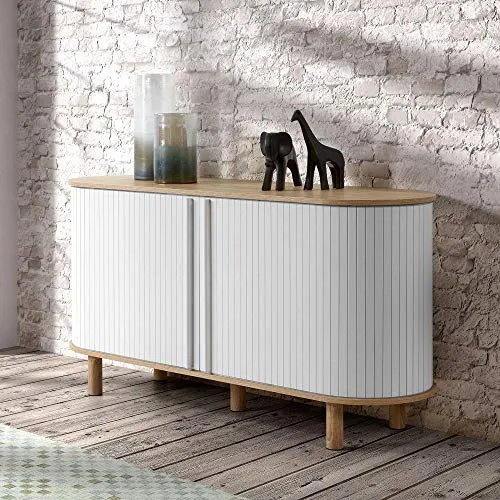 Maisonetstyles Buffet avec Rideau 150x45x75 cm Blanc et chêne Sonoma