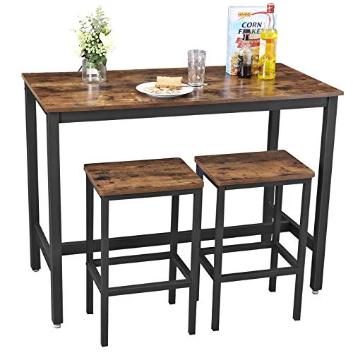VASAGLE Lot Table et Chaises de Bar, Table Haute avec 2 Tabourets de Style Industriel, pour Cuisine, Salle à Manger, Salon, Marron rustique LBT15X