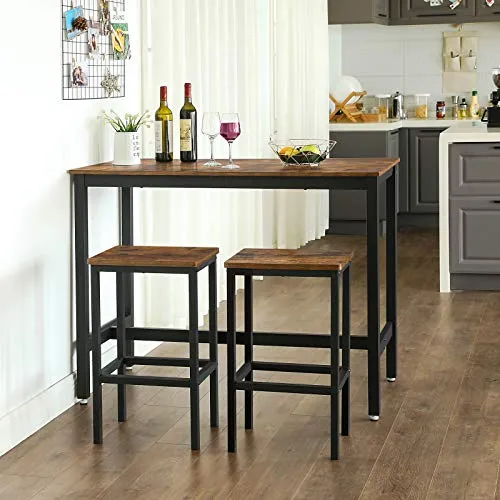 VASAGLE Lot Table et Chaises de Bar, Table Haute avec 2 Tabourets de Style Industriel, pour Cuisine, Salle à Manger, Salon, Marron rustique LBT15X
