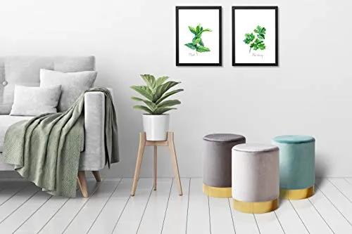 LIFA LIVING Pouf Salon en Velours 30 x 38 cm, Petit Tabouret Ottoman Gris avec Base en métal doré, pour la Chambre et la Cuisine