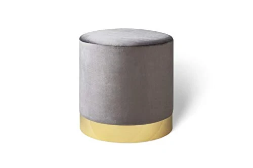 LIFA LIVING Pouf Salon en Velours 30 x 38 cm, Petit Tabouret Ottoman Gris avec Base en métal doré, pour la Chambre et la Cuisine