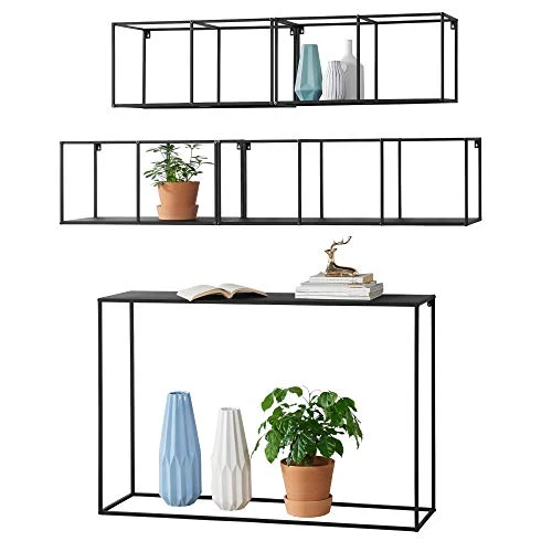 [en.casa] Table Console avec Système d'Étagère 4 Pièces Métal Résistant Montage Mural 120 x 80 x 32 cm Noir