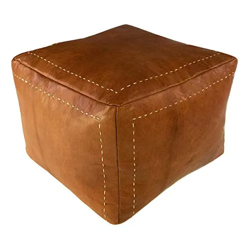 Pouf Carré en Cuir Véritable Fait Main - Vendu Rembourré - Coussin de Sol, Ottoman … (Cognac)