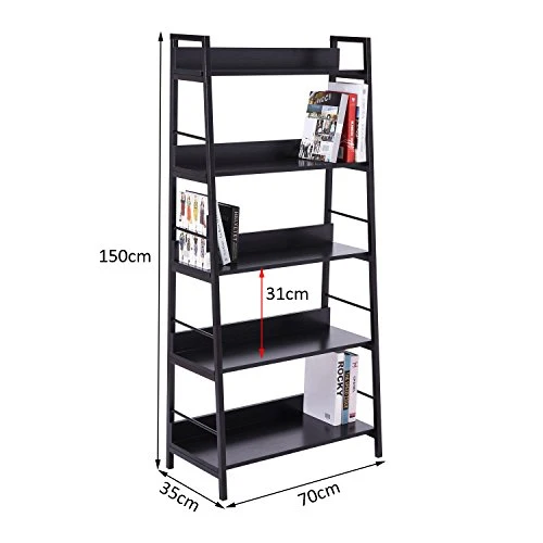 Homcom Étagère bibliothèque Style Industriel incliné 5 Niveaux 70L x 35l x 150H cm Noir