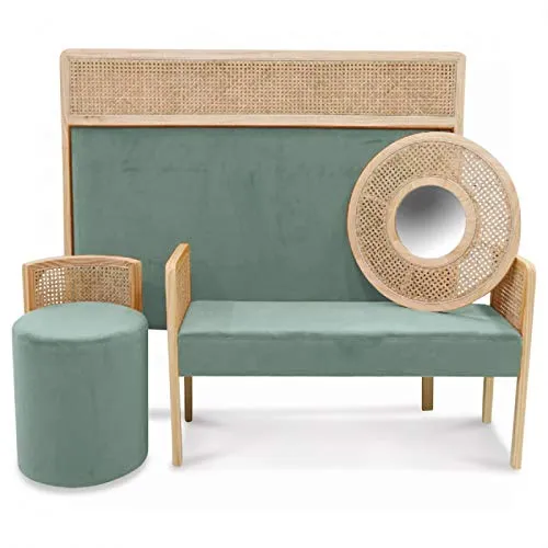 Déco en Ligne - Banquette Cannage et Velours Vert d'eau
