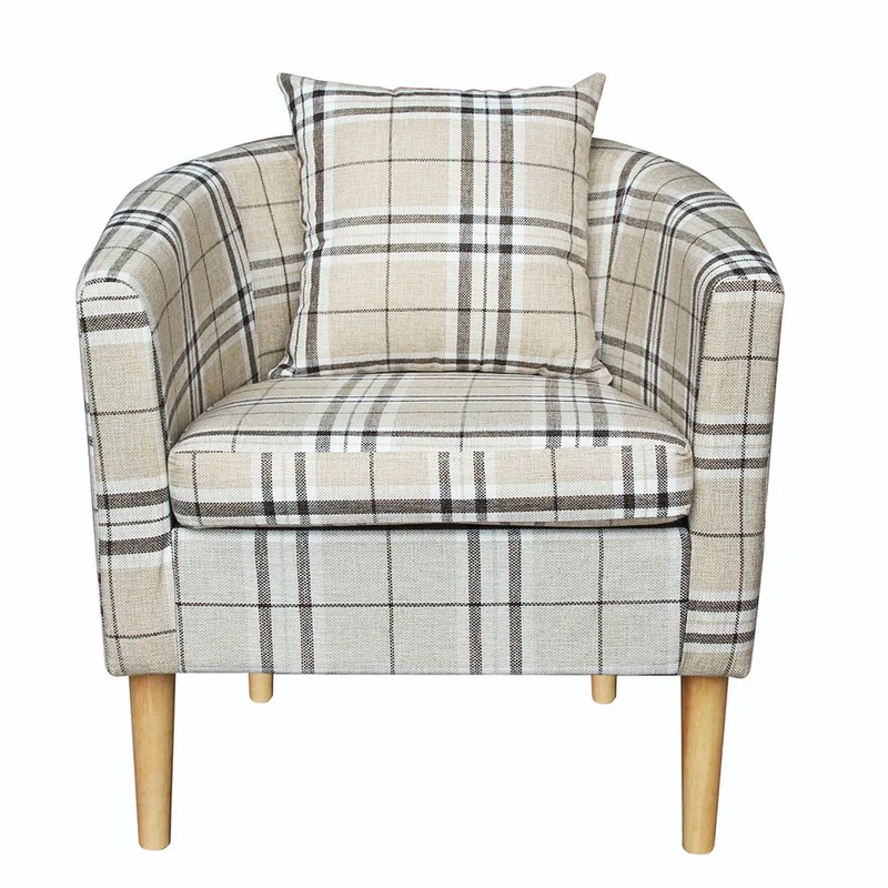 Anaelle Panana Fauteuils Cabriolet en Tissu à Carreaux + Bois Oreiller Chauffeuse, Salle à Manger, Salon, Bureau, Café, Taille: 58 x 45 x 70cm, Poids: 13kg