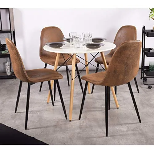 Homy Casa Lot de 4 Chaises 44x44x87cm Scandinave Rétro Vintage en Suède Marron Pied Métal Noir