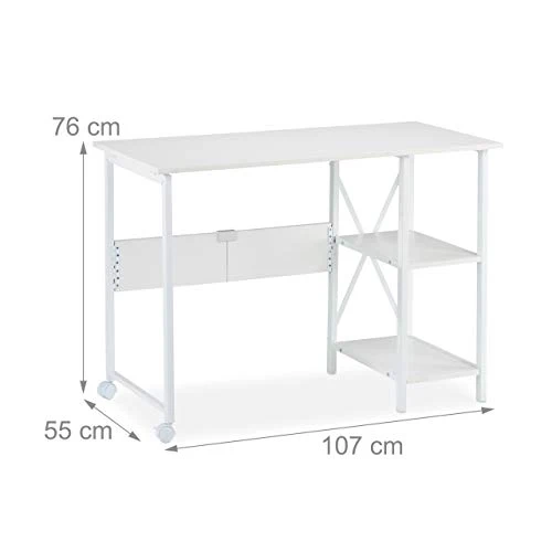 Relaxdays Bureau Pliable,Table Peu encombrante, 2 étagères, pour Travail à la Maison,Chambre d’ado, Choix de Couleurs, Panneau de Particules, Fer, Weiß, 76 x 107 x 55 cm