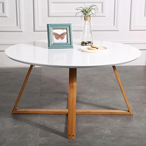 YNLRY Table Ronde Thé Table Table Basse Table Basse Salon Chambre Table D'appoint Table Ronde, Jambes en Bambou + Cut Surface Design (Color : White, Size : 80 * 80 * 44CM)