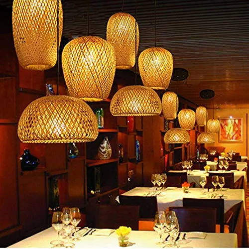 Main En Bambou Naturel Lustre Tissage Vintage Luminaire Suspendu Rotin Tissé Créations De Fées Créatives Réglable E27 Lumiere Plafond Restaurant Salon Chambre Rétro Vague Ombre Suspensions Lamp Design