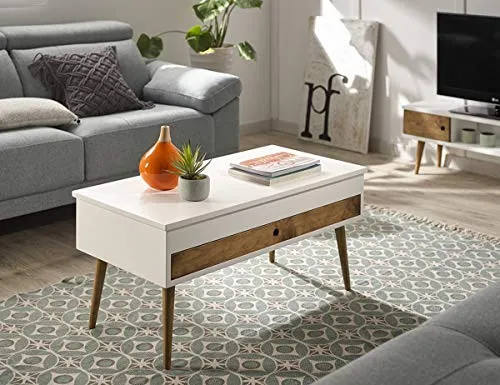 Hogar24 ES Table basse relevable style vintage avec tiroir coulissant en bois massif Blanc/bois naturel 100 x 50 x 47 cm