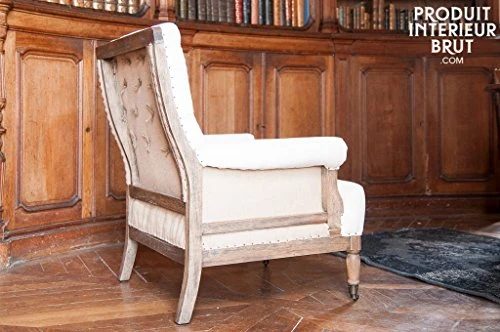 Fauteuil Vintage en Lin Edmond - Bois Massif, Bois Ancien, Grand Confort d'assise, Finition brossée | Structure apparente pour Une élégance Tout en simplicité - Beige (L77 x H88 x P78 cm)