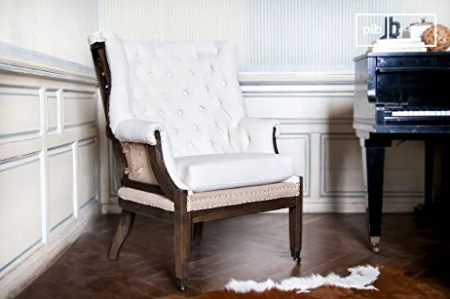 Fauteuil Baroque Cambridge - Bois Massif, Produit atypique, Finition patinée | Design capitonné pour Un Style bohème élégant - Blanc Creme (L64 x H104 x P64 cm)