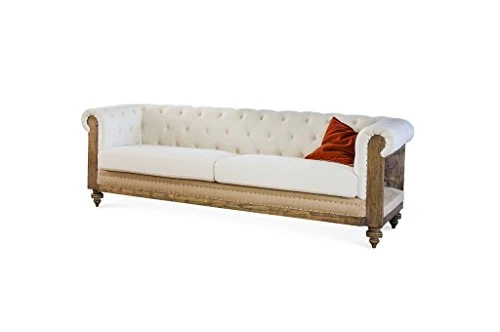 canapé Chesterfield montaigu - Bois Massif, Haute résistance, Grand Confort d'assise, Rembourrage intérieur Dense | Le Charme d'un canapé Chesterfield en Lin - Blanc perlé (L218 x H72 x P82 cm)