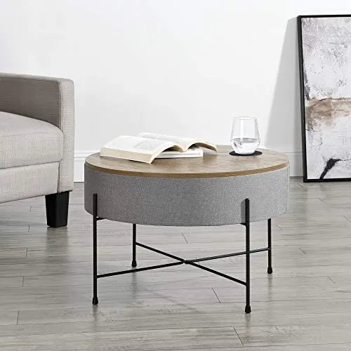 [en.casa] Table Basse Ronde avec Plateau Amovible Panneaux de Particules Textile Métal Couleur Bois Gris Noir 40 x 60 cm
