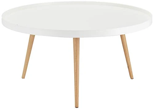 Furnhouse Moderne Scandinave Rétro Vintage Design Blanc Table à café Opus, Couleur Naturelle Hêtre Massif Pieds, 90x90x45