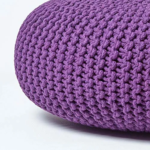 HOMESCAPES - Grand Pouf Rond tressé en Tricot - Violet Foncé