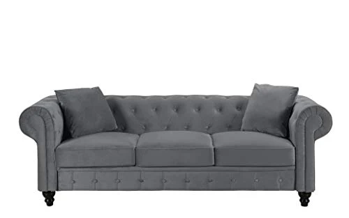 BHDesign Mila - Canapé Chesterfield 3 Places - Velours - Coloris Gris