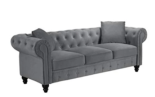 BHDesign Mila - Canapé Chesterfield 3 Places - Velours - Coloris Gris