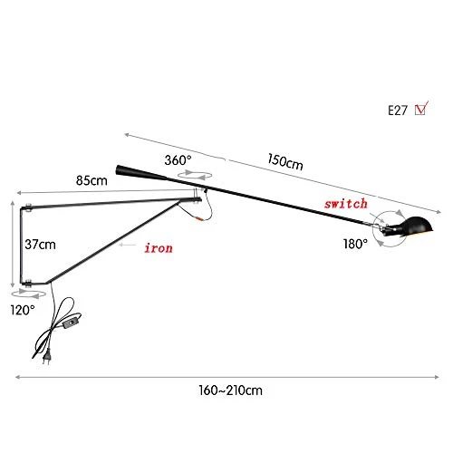 FYBAO Applique rétro Bascule Lampe réglable Mur Long Bras paroi Grenier de Fer Industriel léger personnalité E27 Lampe Murale créative,Noir,150CM