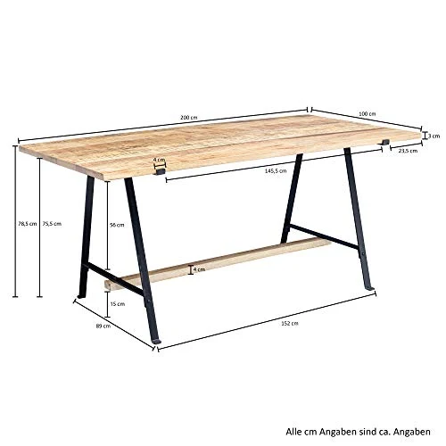 WOHNLING Mango Table de Salle à Manger en Bois Massif Massif avec Structure en métal 200 x 78,5 x 100 cm